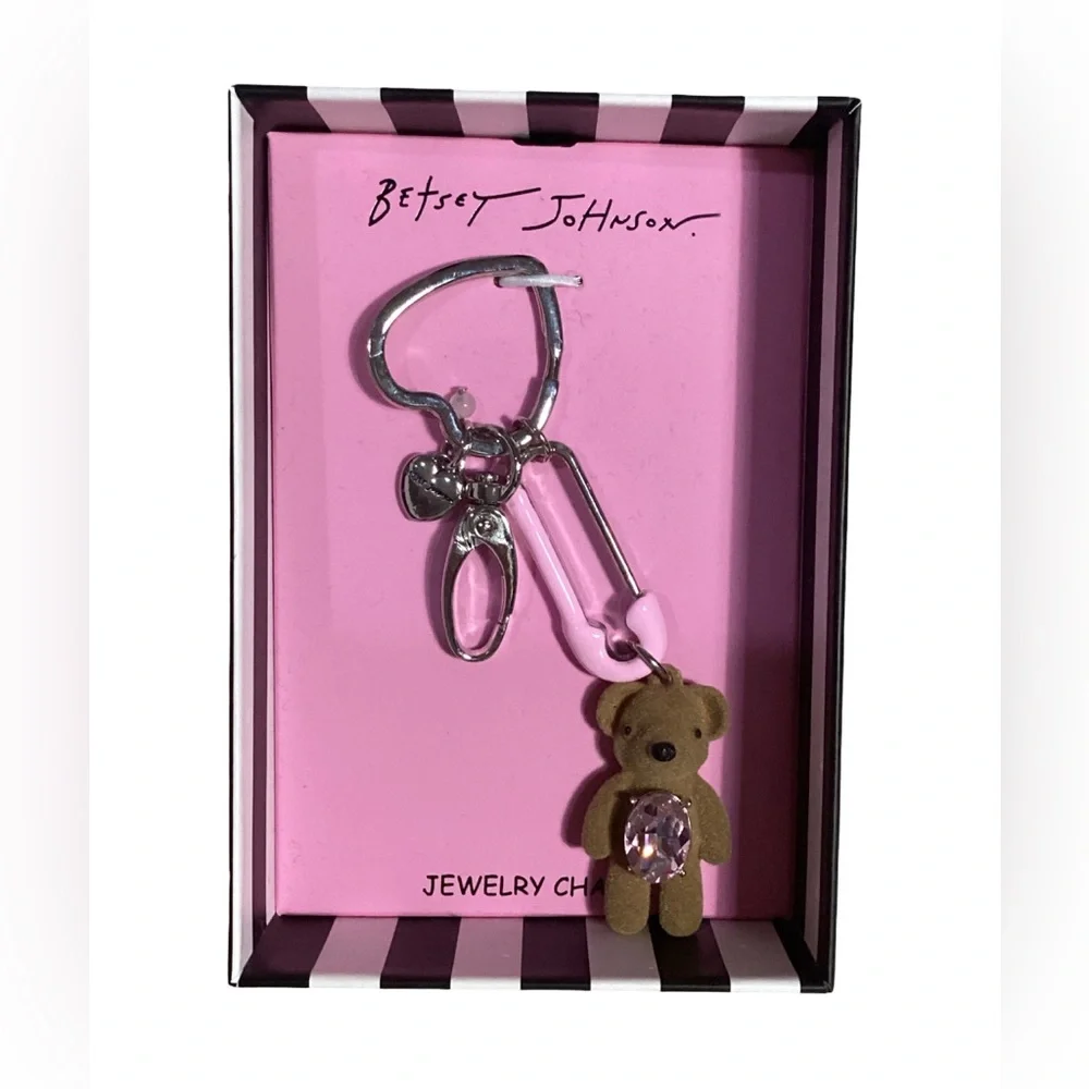 Betsey Johnson Pink Safety Pin Jewel Studded Teddy Bear Keychain Bag Charm NIB
